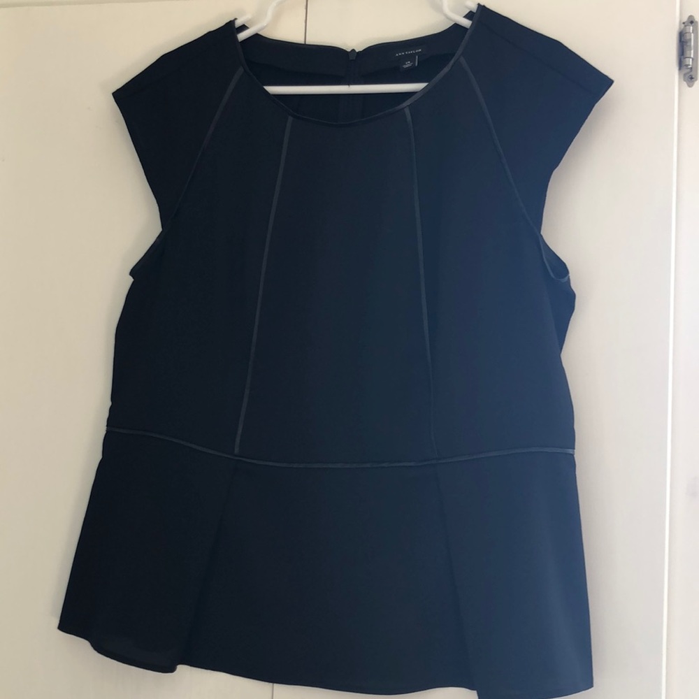 EUC Ann Taylor 14 Black Peplum Top Leather Piping